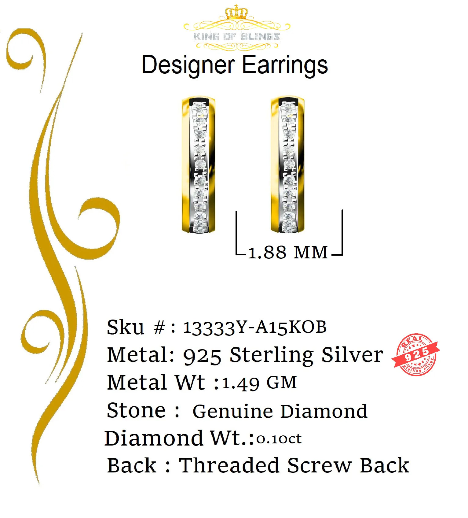 0.10ct Diamond 925 Sterling Silver Yellow Hoop Stud Earrings For Men's / Women's