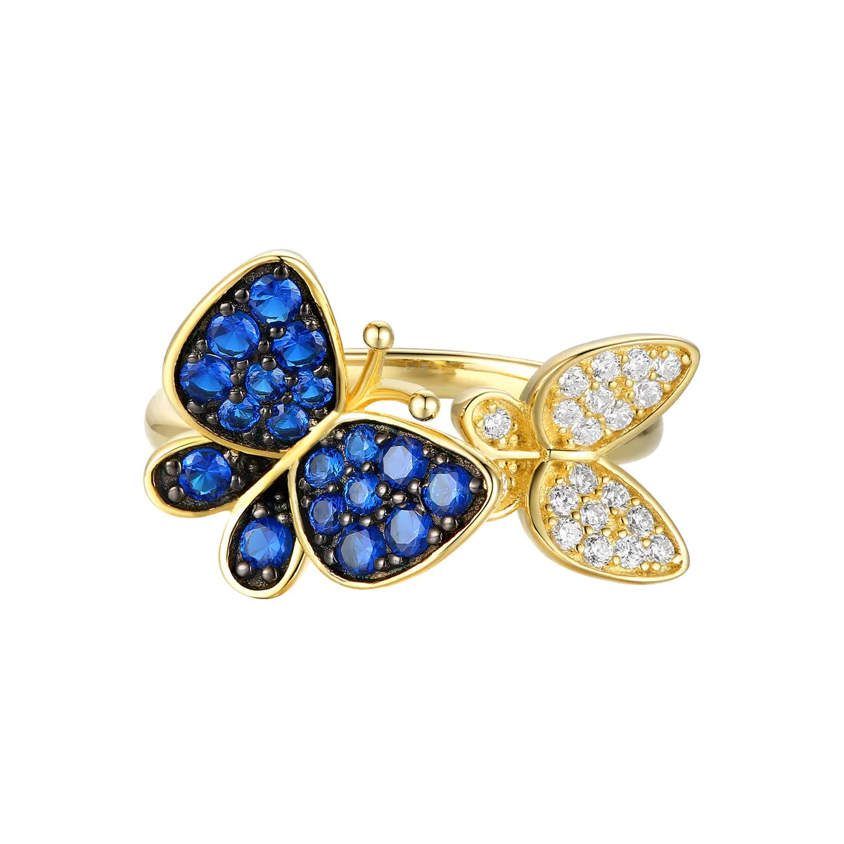 14k Gold Plated Sterling Silver with Sapphire & Cubic Zirconia Double Butterfly Stacking Ring