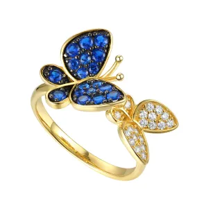 14k Gold Plated Sterling Silver with Sapphire & Cubic Zirconia Double Butterfly Stacking Ring