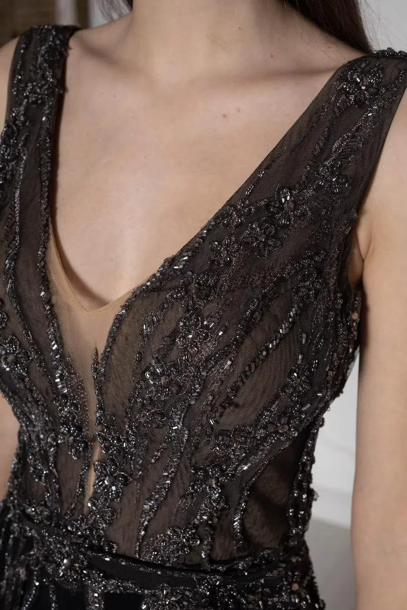 Black lace wedding dress with detachable train - In Stock