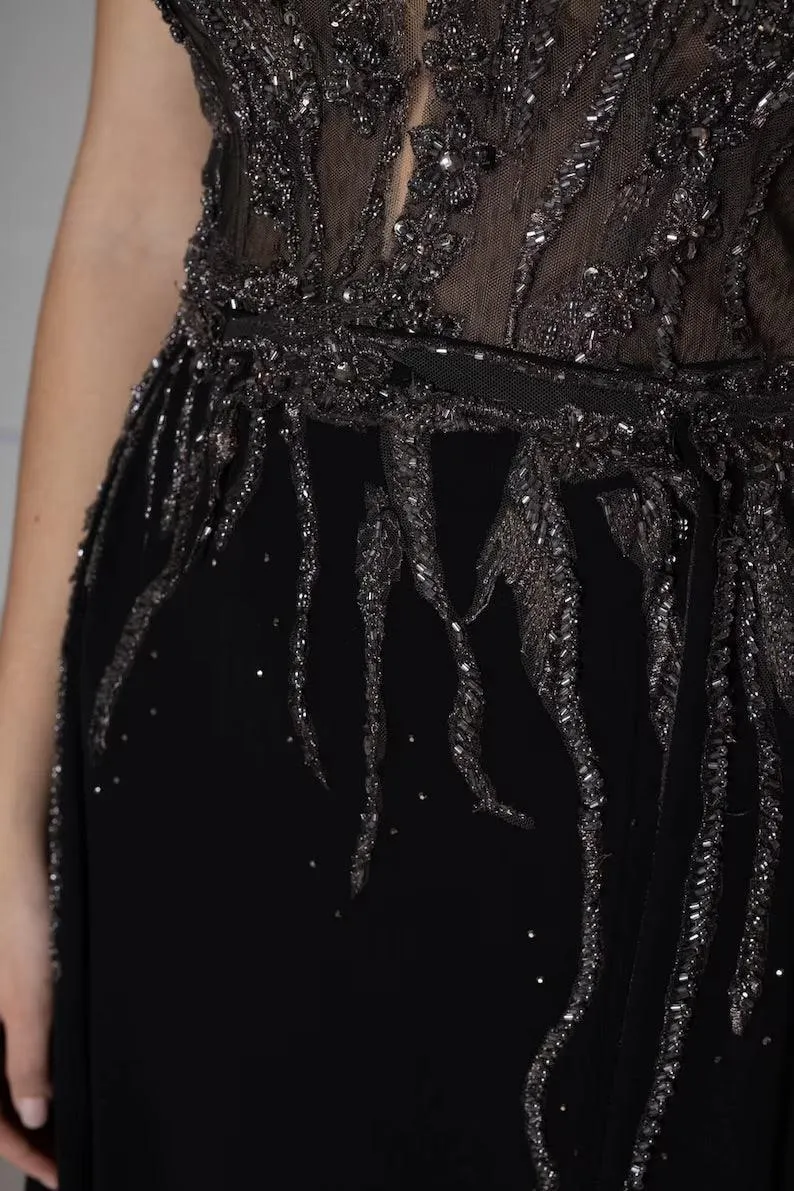 Black lace wedding dress with detachable train - In Stock