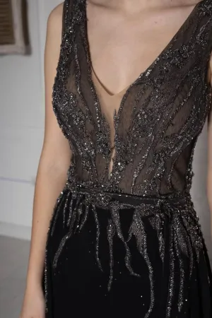 Black lace wedding dress with detachable train - In Stock