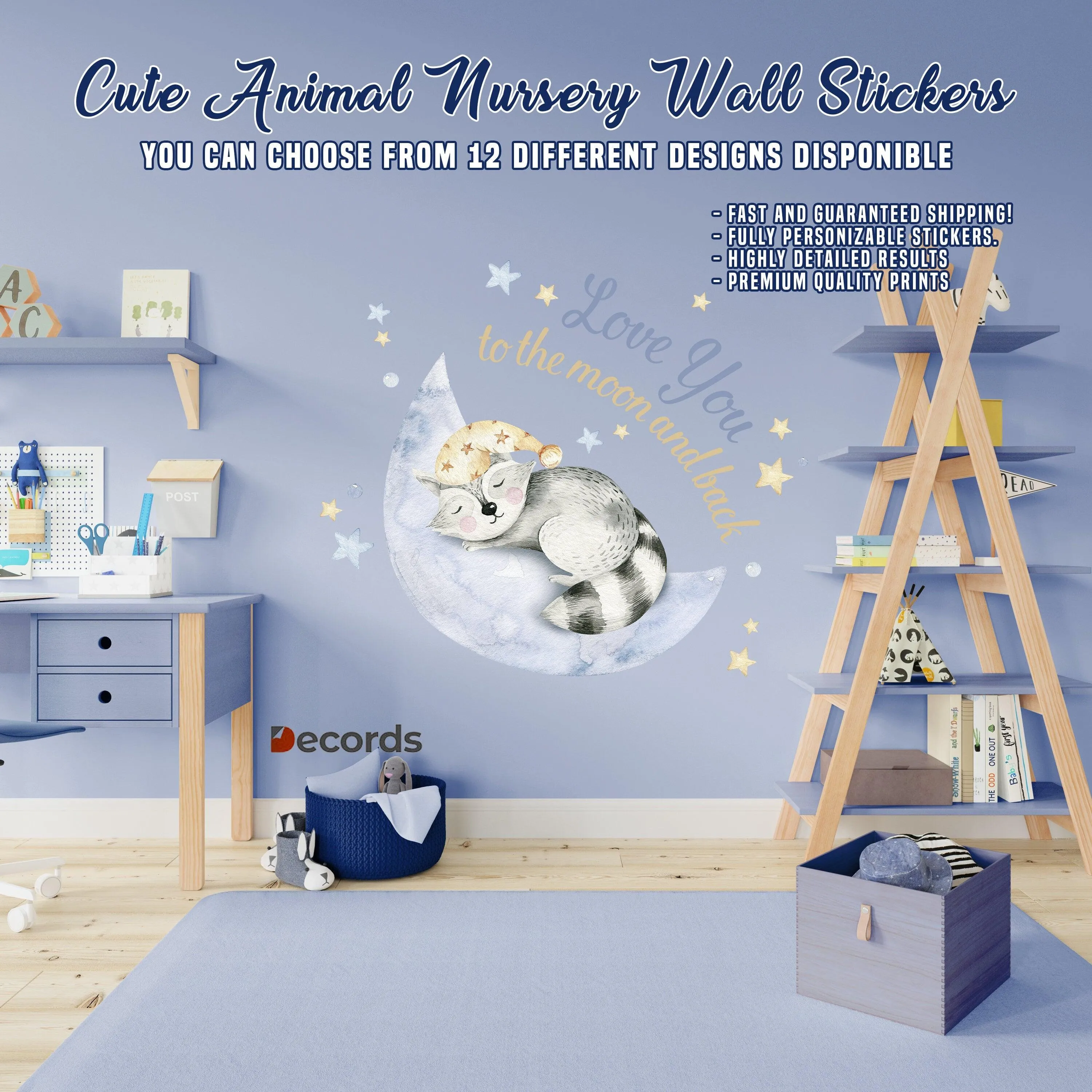 Cute Sleeping Animal Nursery Wall Sticker - Sweet Dreams Cloud Kid Baby Room Decor Decal