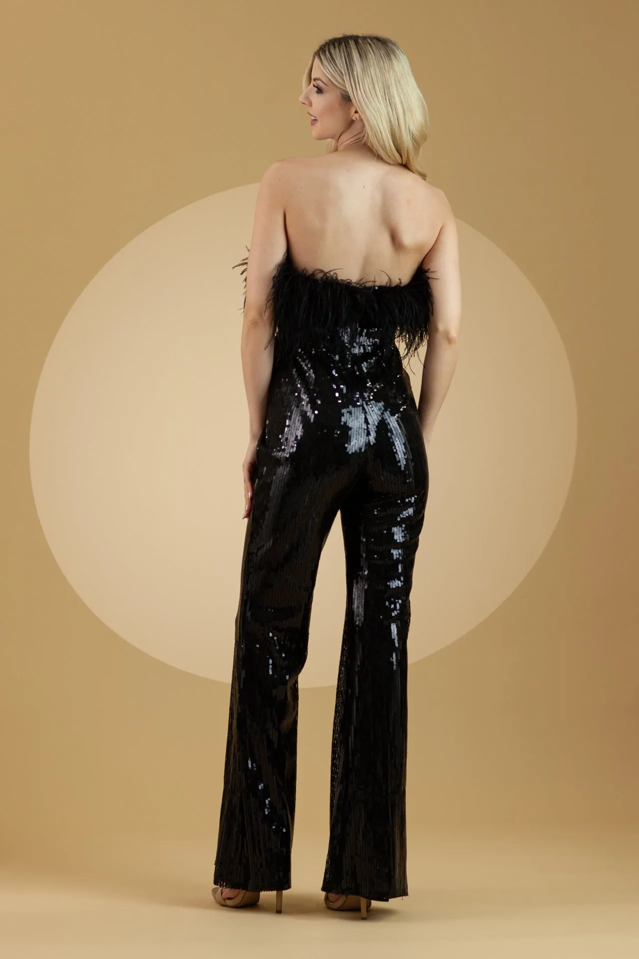 Embellished Feather Straight Across Sequined Long Evening Jumpsuit
