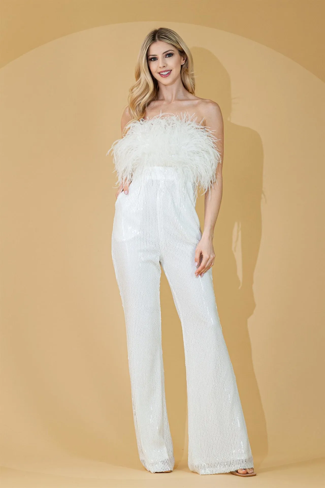 Embellished Feather Straight Across Sequined Long Evening Jumpsuit