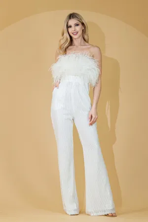 Embellished Feather Straight Across Sequined Long Evening Jumpsuit
