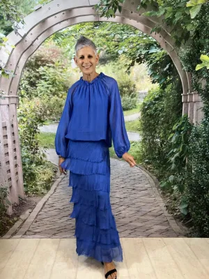 High Frill Neckline Top - Cobalt