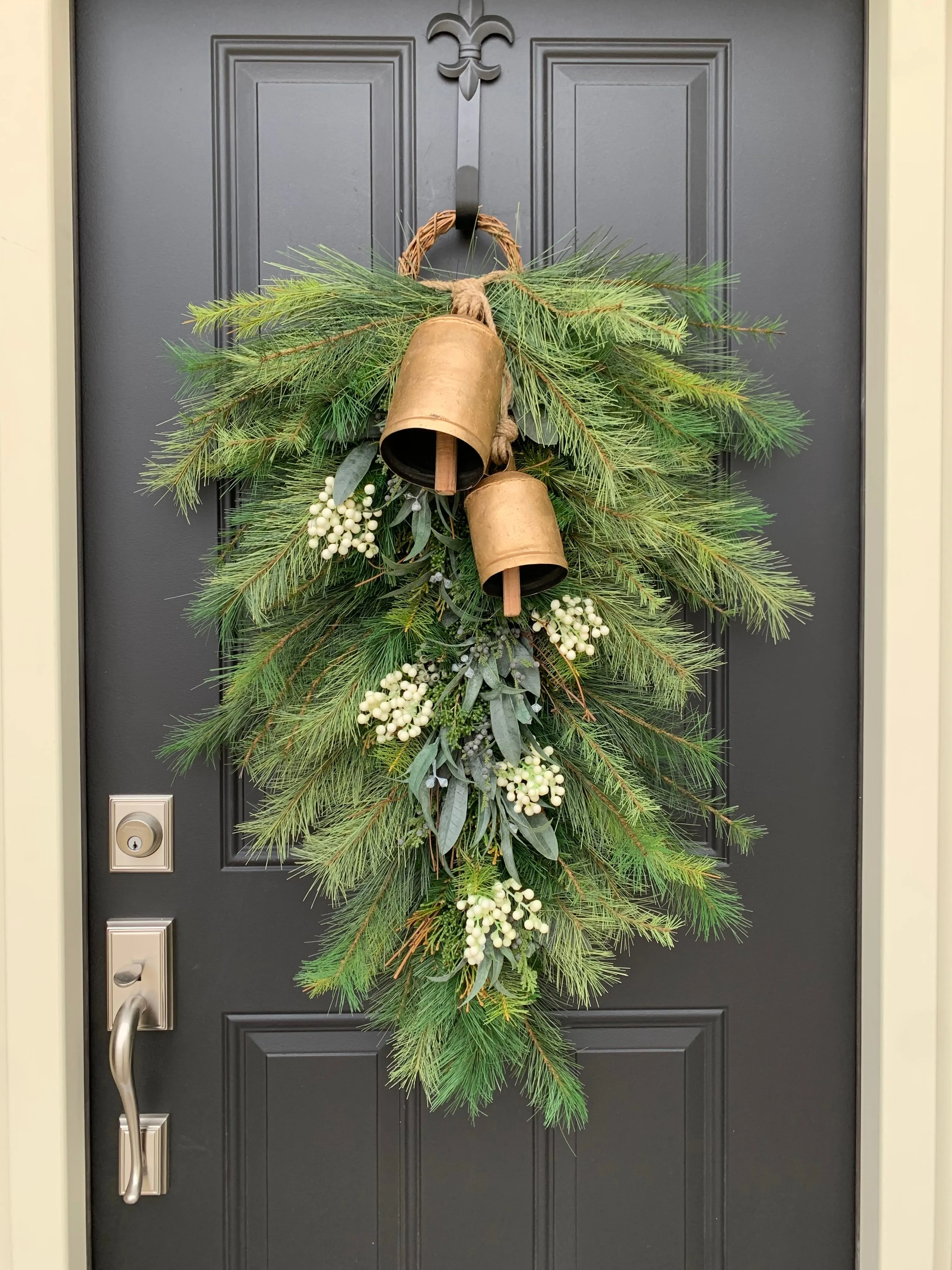 Holiday Pine Swag Teardrop Wreath with White Berries and Hanging Bells