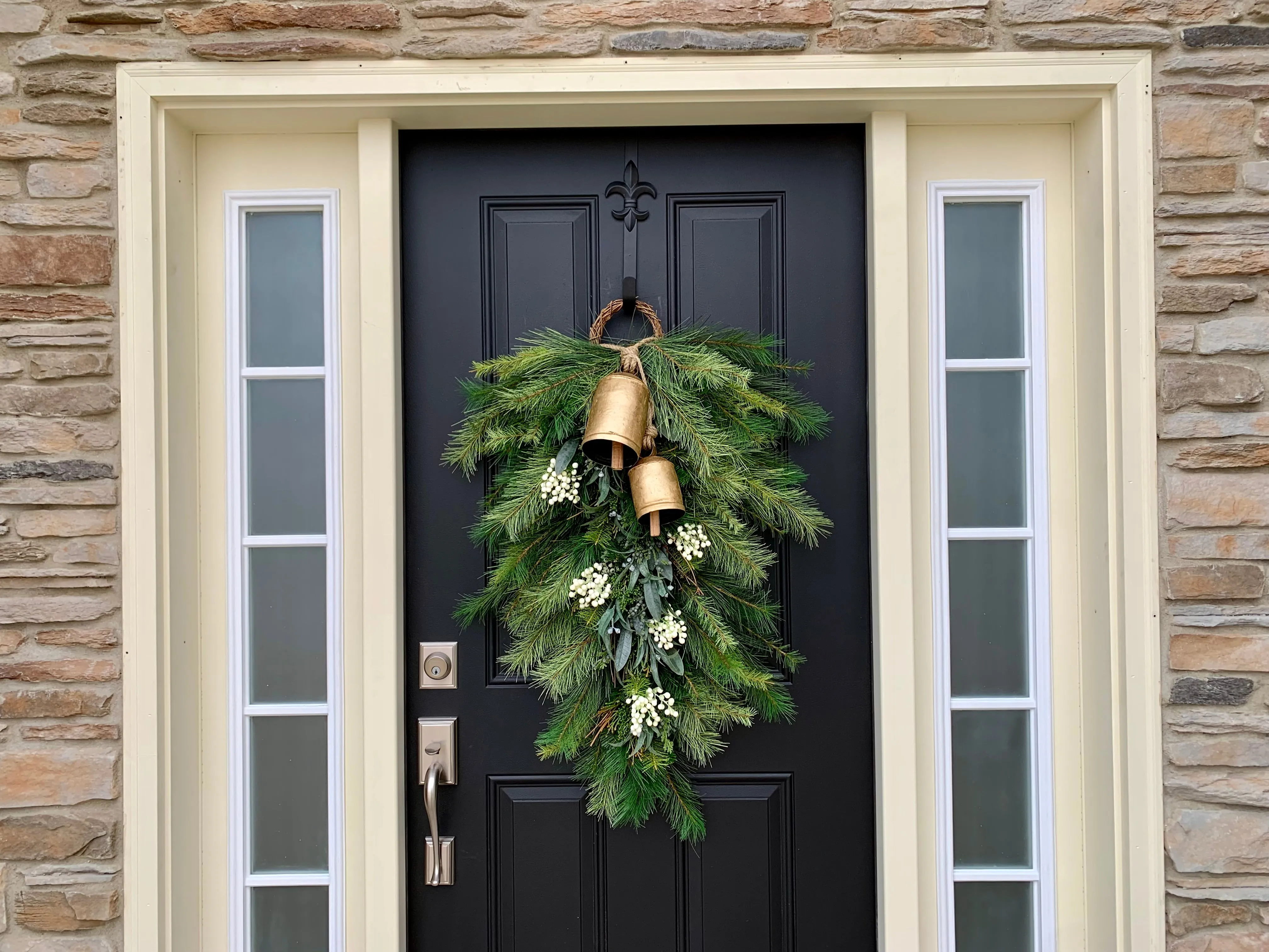 Holiday Pine Swag Teardrop Wreath with White Berries and Hanging Bells