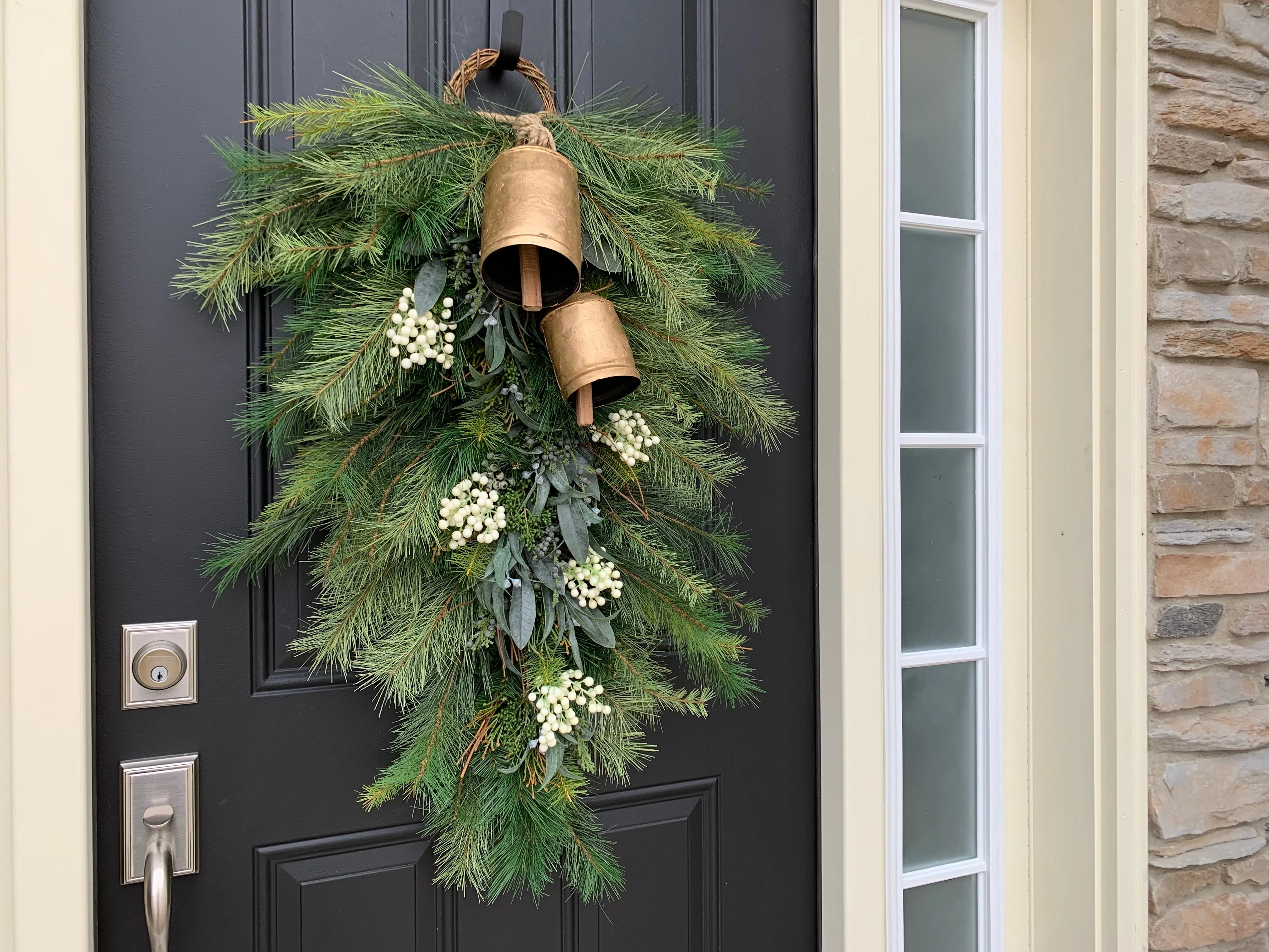 Holiday Pine Swag Teardrop Wreath with White Berries and Hanging Bells
