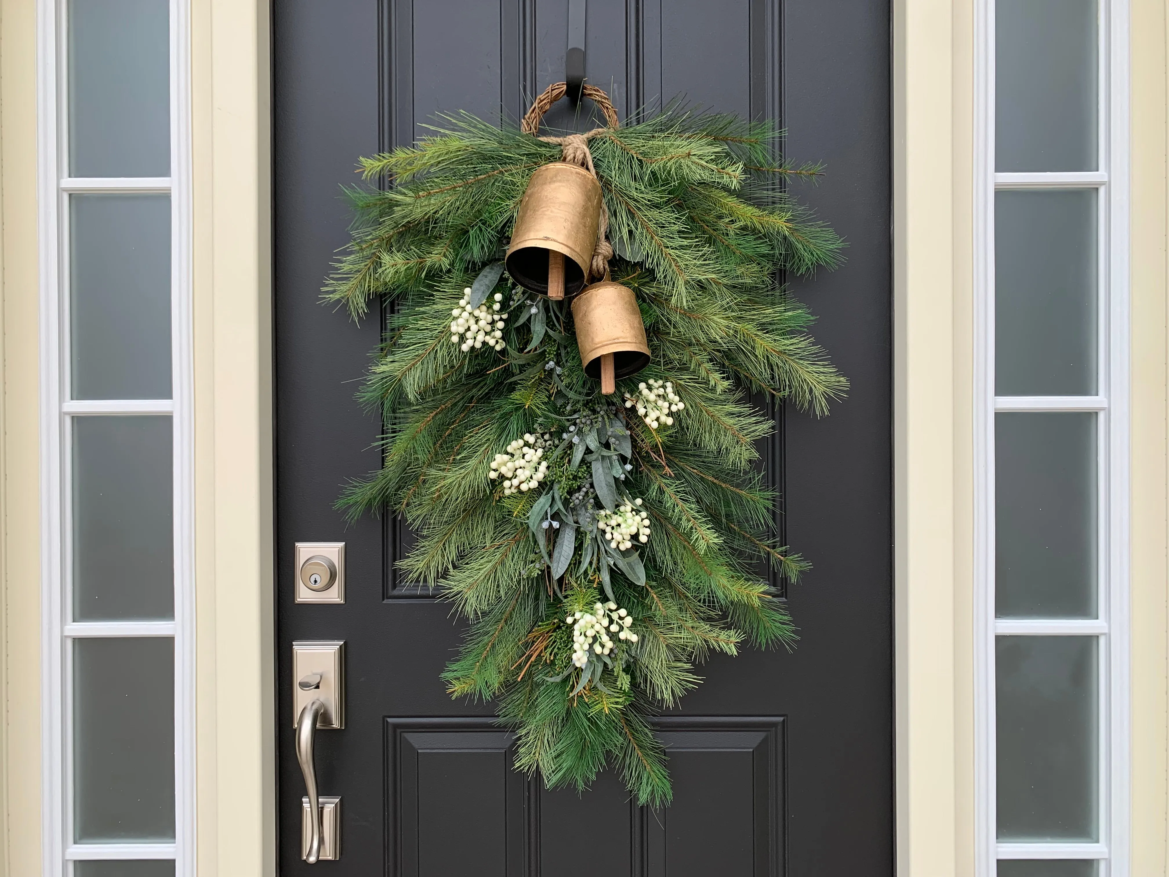 Holiday Pine Swag Teardrop Wreath with White Berries and Hanging Bells