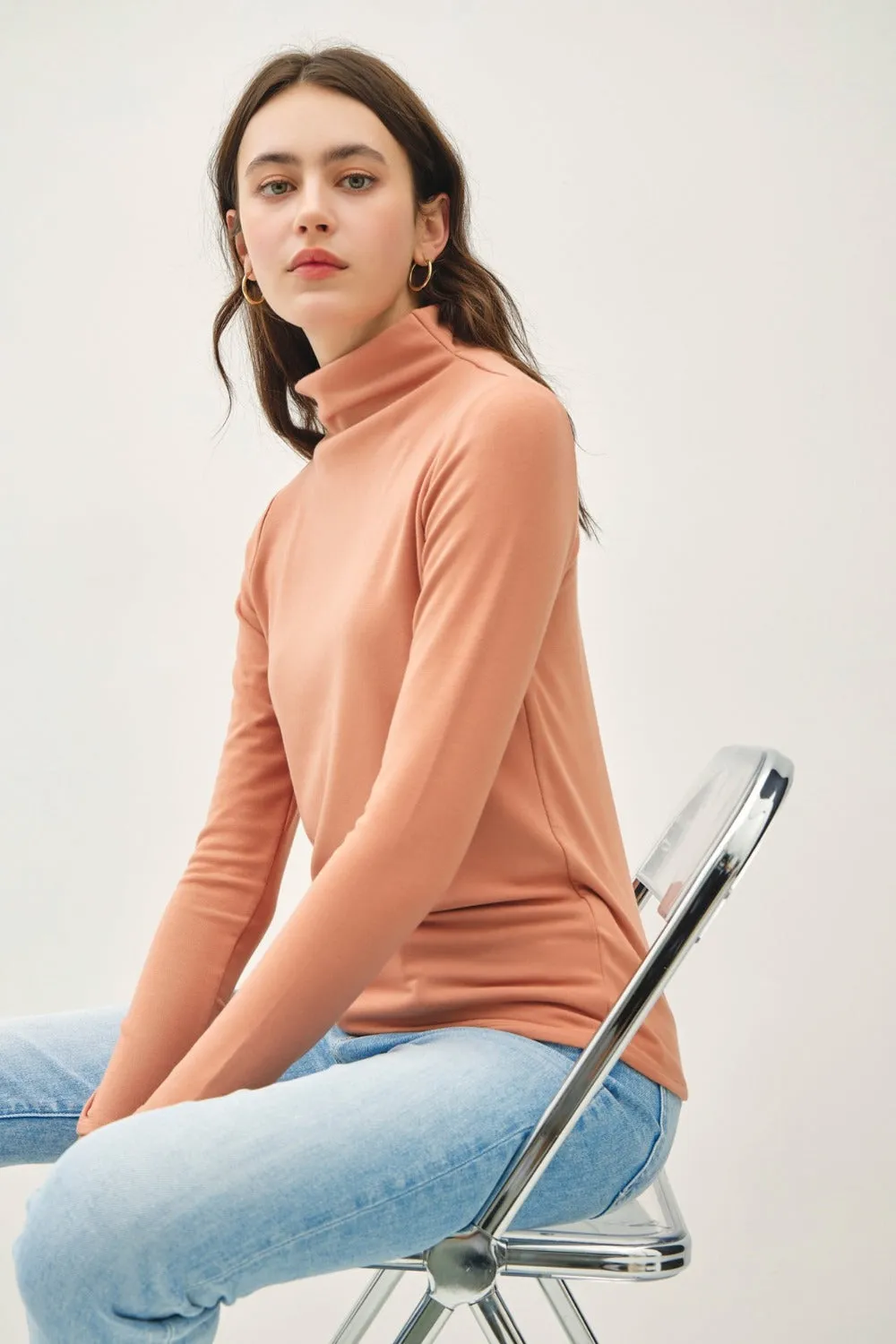 Hot Girl Be Cool Mock Neck Long Sleeve Top In Peach