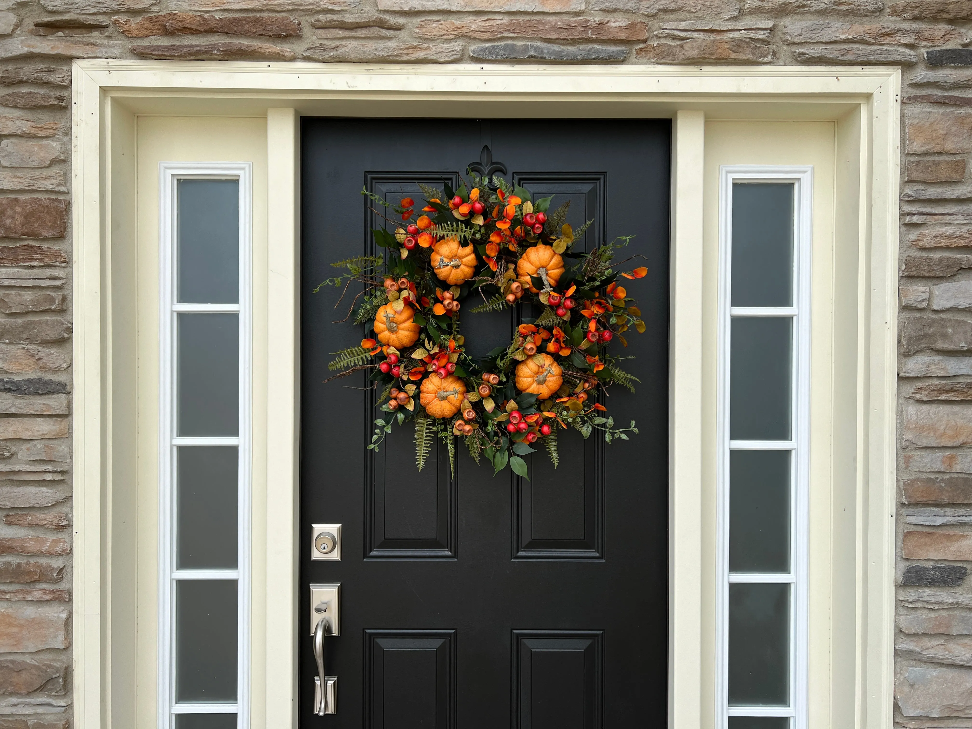 Lively Fall Front Door Wreath with Orange Eucalyptus, Fern & Pumpkins