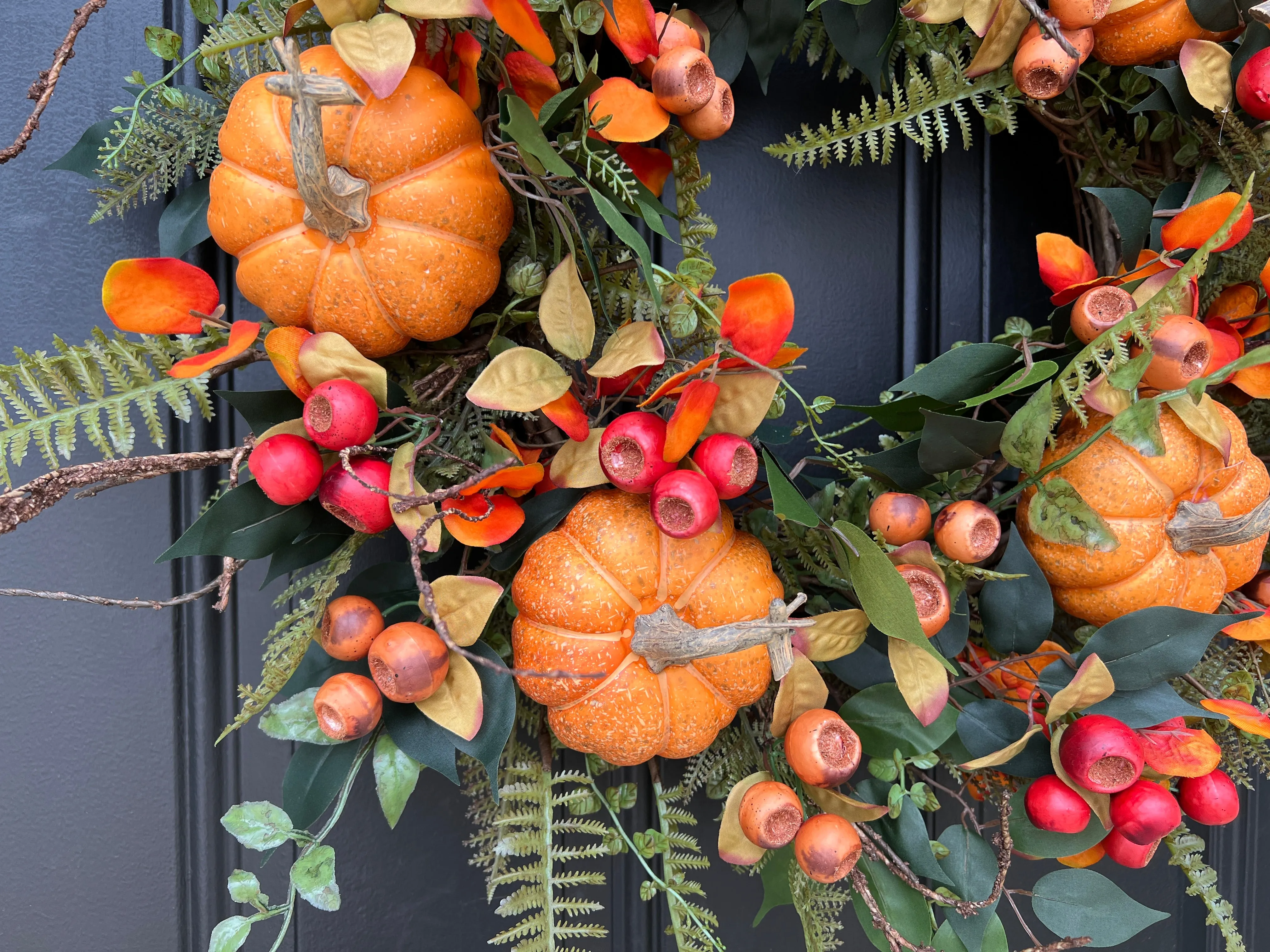 Lively Fall Front Door Wreath with Orange Eucalyptus, Fern & Pumpkins