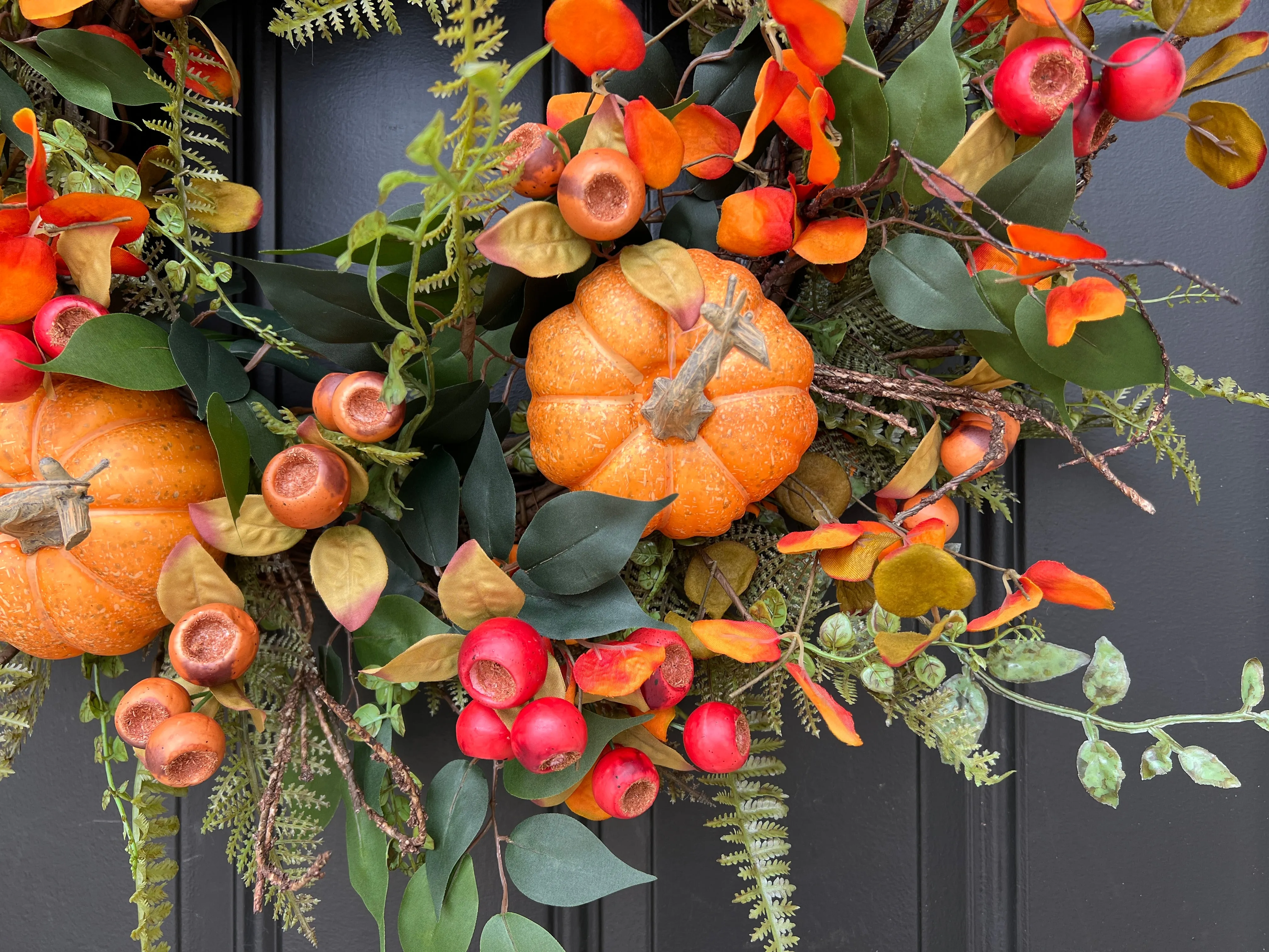 Lively Fall Front Door Wreath with Orange Eucalyptus, Fern & Pumpkins