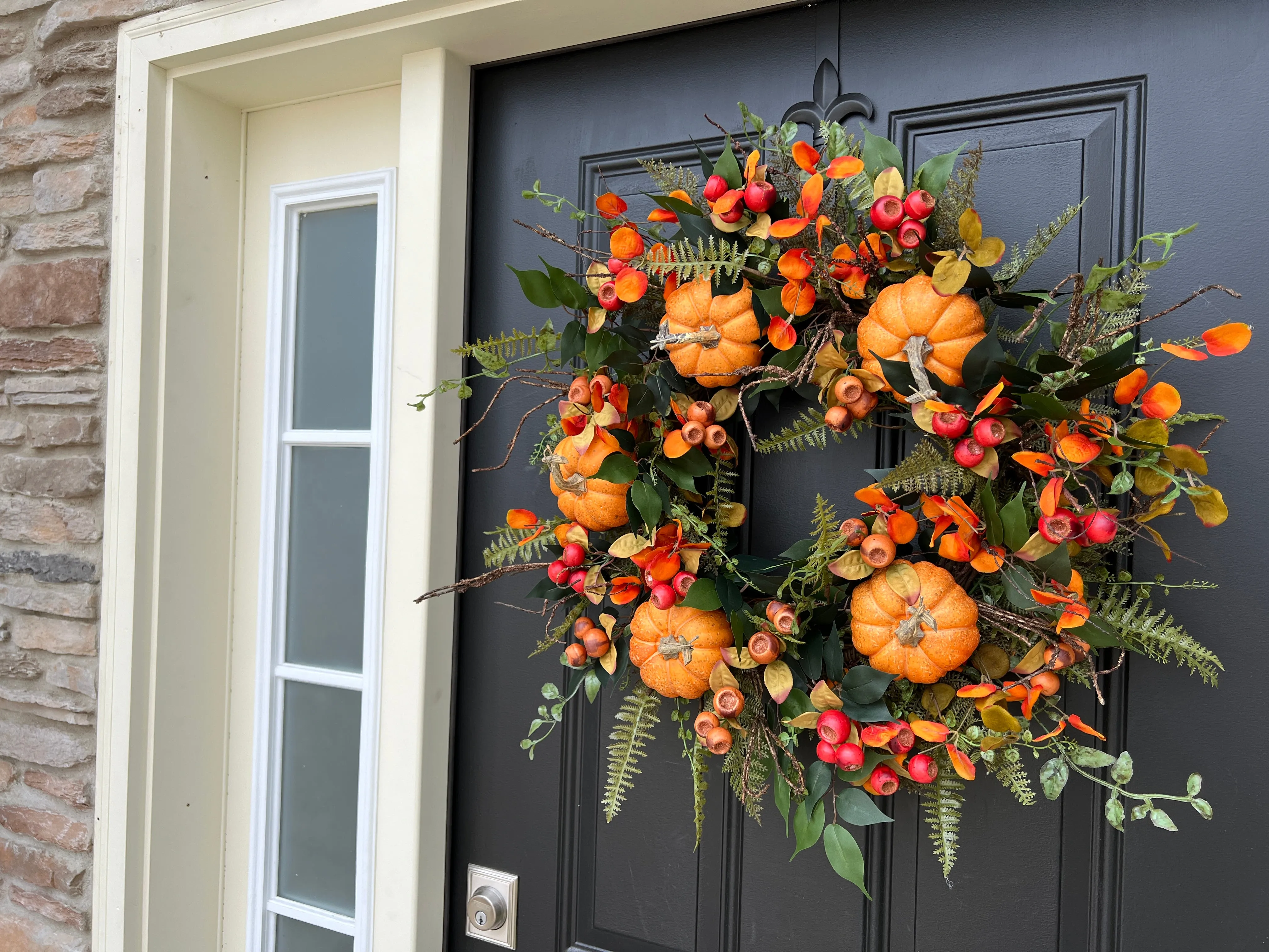 Lively Fall Front Door Wreath with Orange Eucalyptus, Fern & Pumpkins