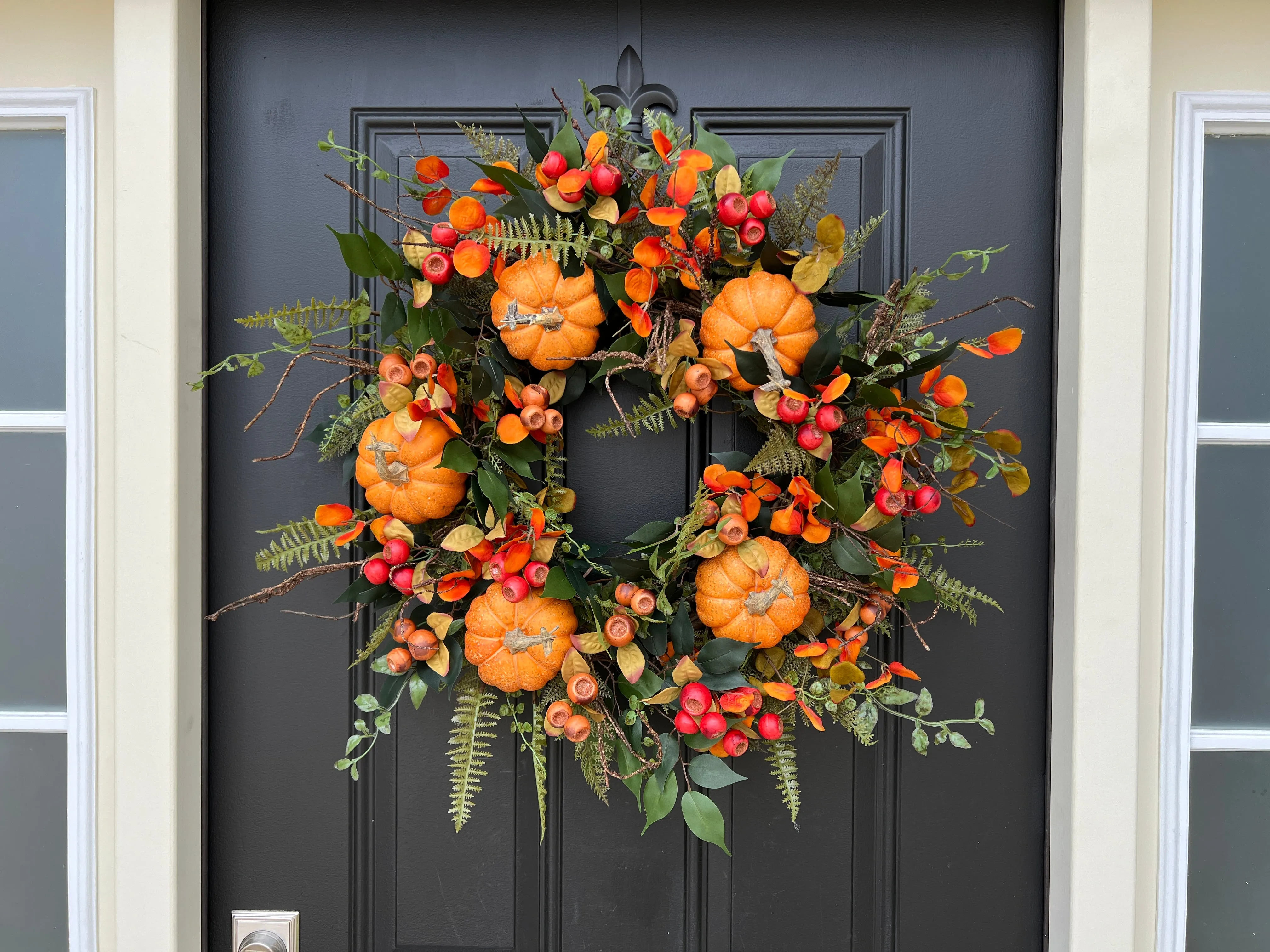 Lively Fall Front Door Wreath with Orange Eucalyptus, Fern & Pumpkins