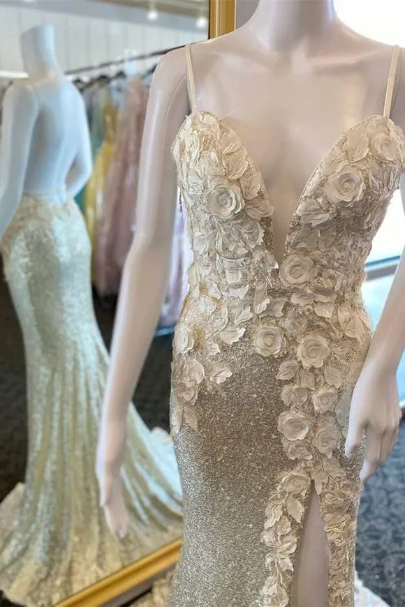 Miracle |Mermaid V Neck Sequins Prom Dress with Slit