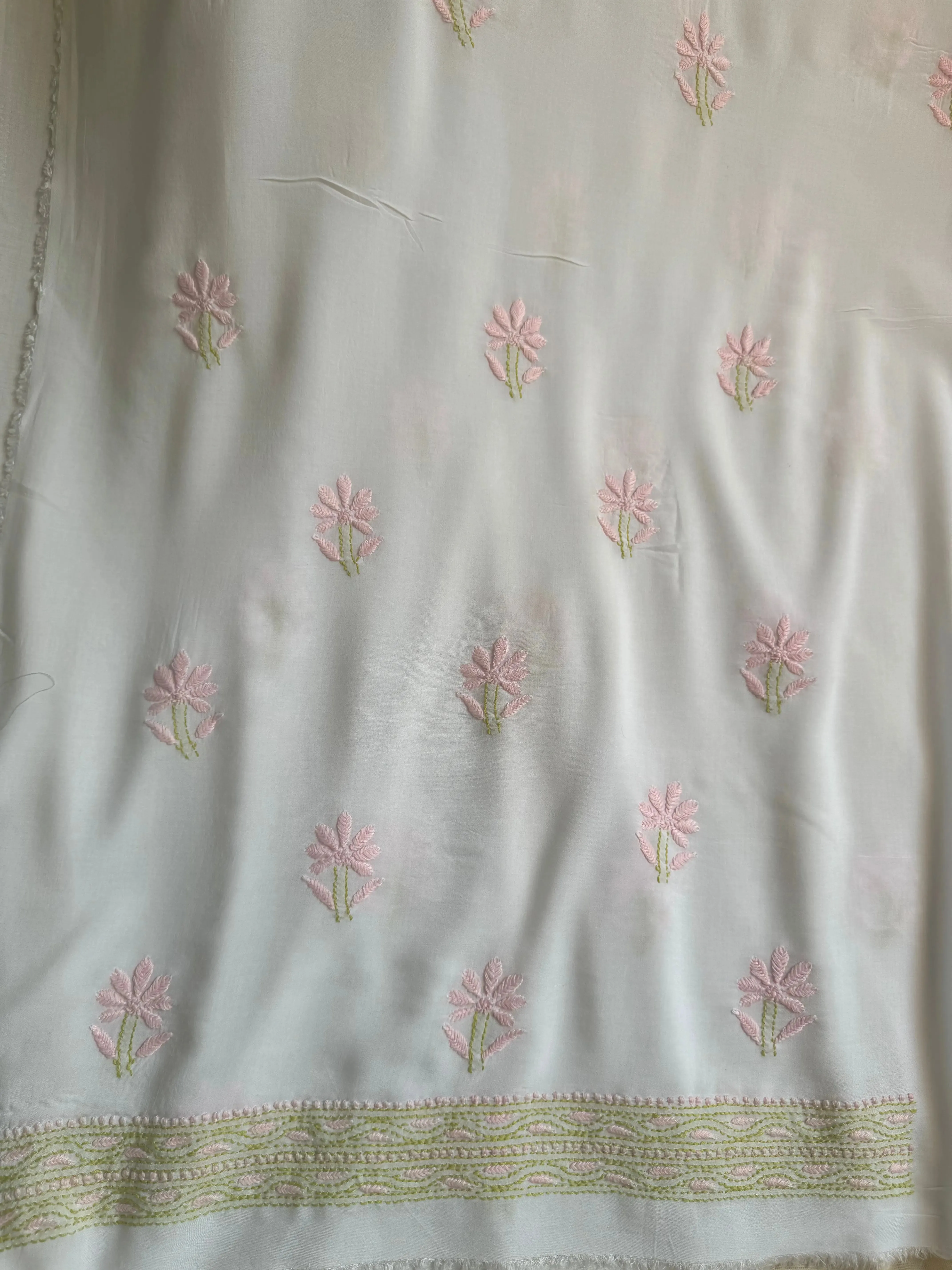 Modal Unstitched Kurti Fabric - White with Multi Thread work
