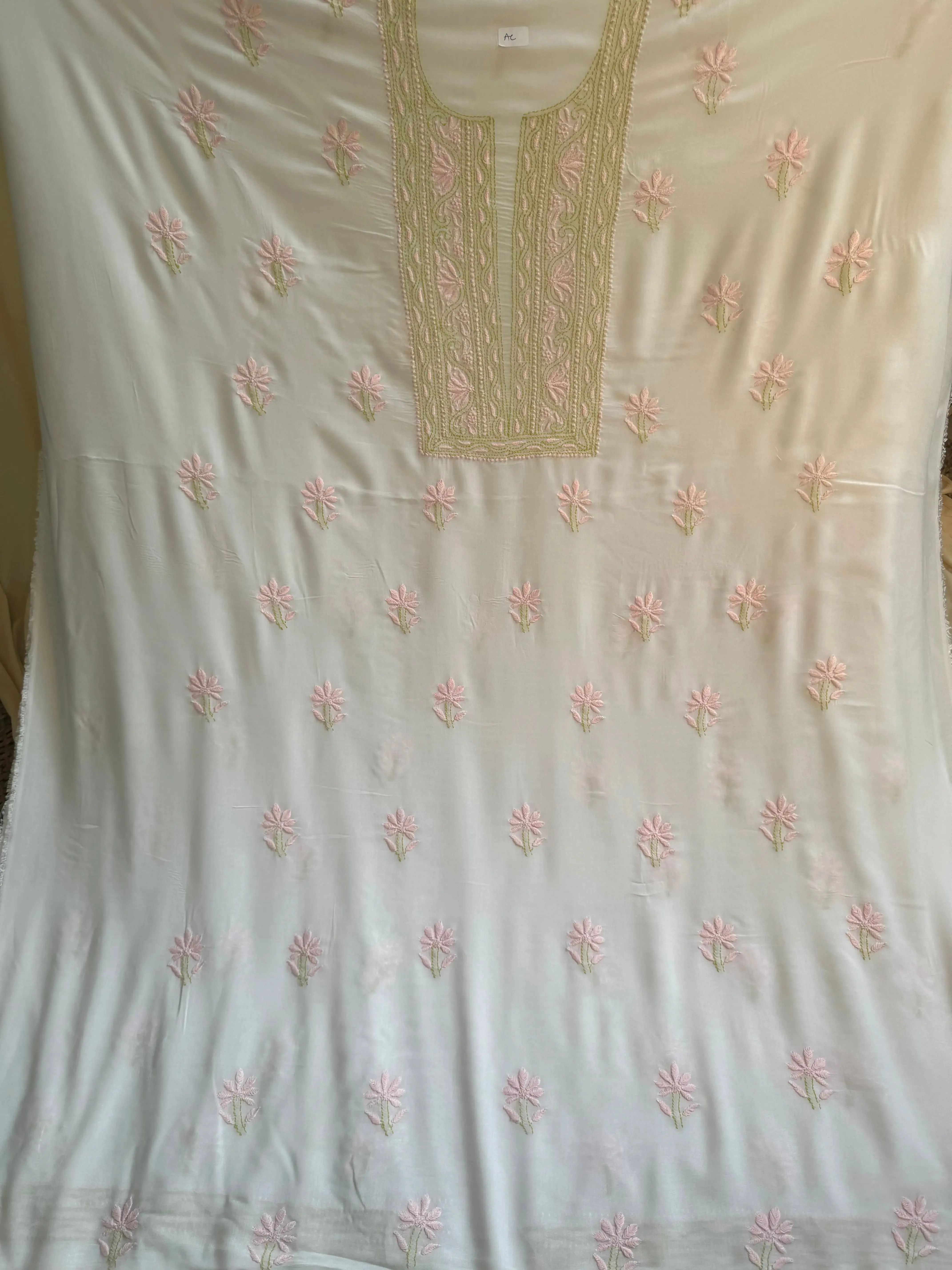 Modal Unstitched Kurti Fabric - White with Multi Thread work