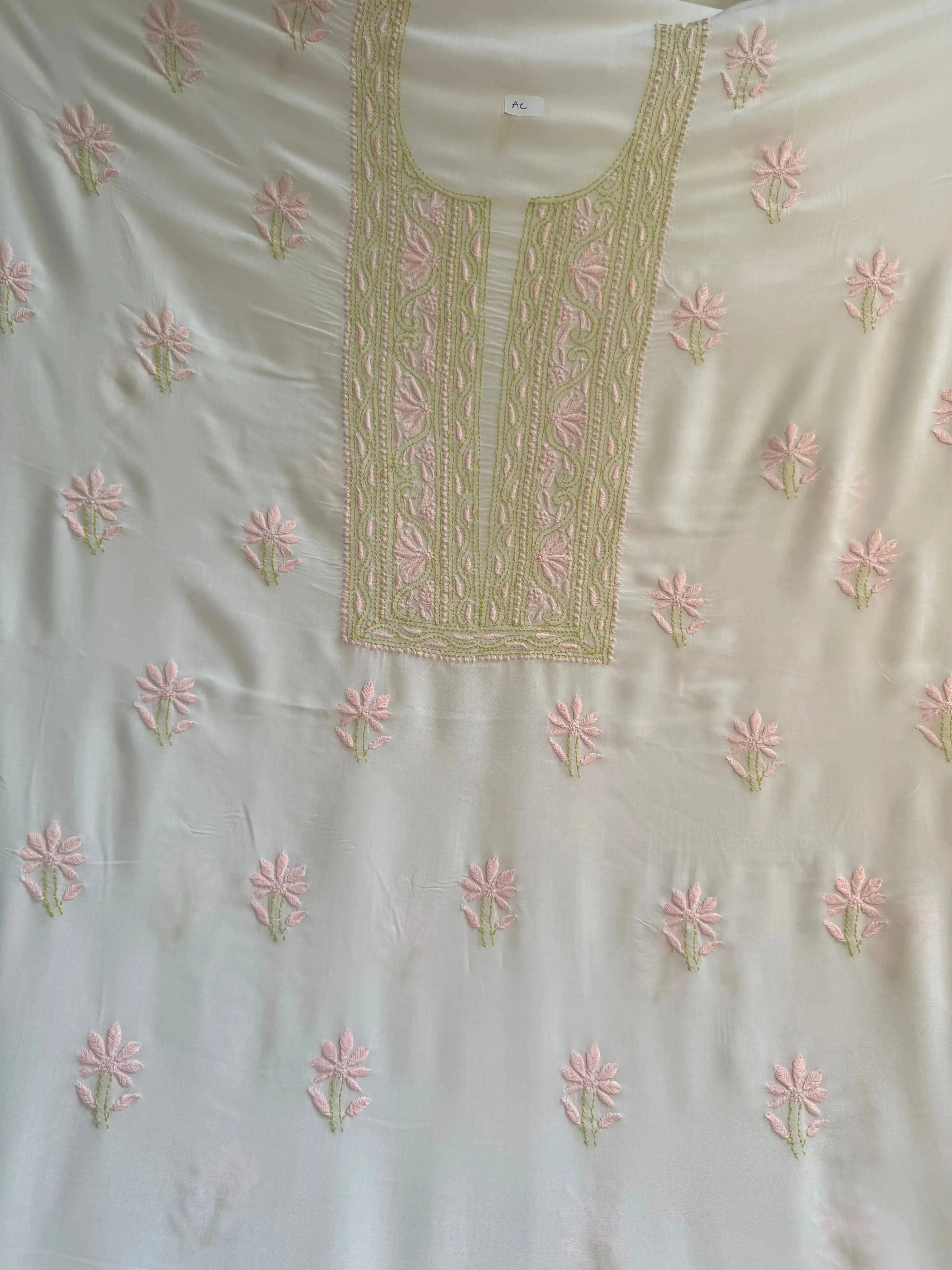 Modal Unstitched Kurti Fabric - White with Multi Thread work