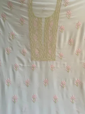 Modal Unstitched Kurti Fabric - White with Multi Thread work