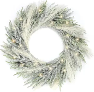 modern Perfnique 24'' Christmas Wreaths for Front Door with Lights, Winter Outdoor Wreath for Wall Fireplace Decor (Pine and Pampas) Pine and Pampas