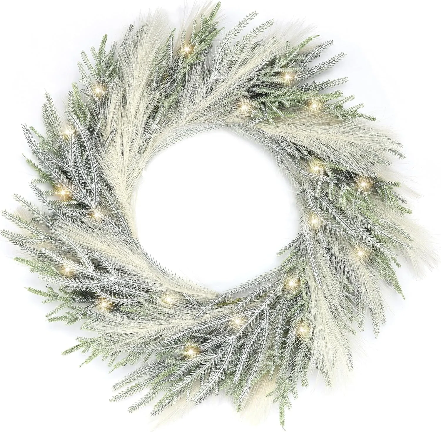 modern Perfnique 24'' Christmas Wreaths for Front Door with Lights, Winter Outdoor Wreath for Wall Fireplace Decor (Pine and Pampas) Pine and Pampas