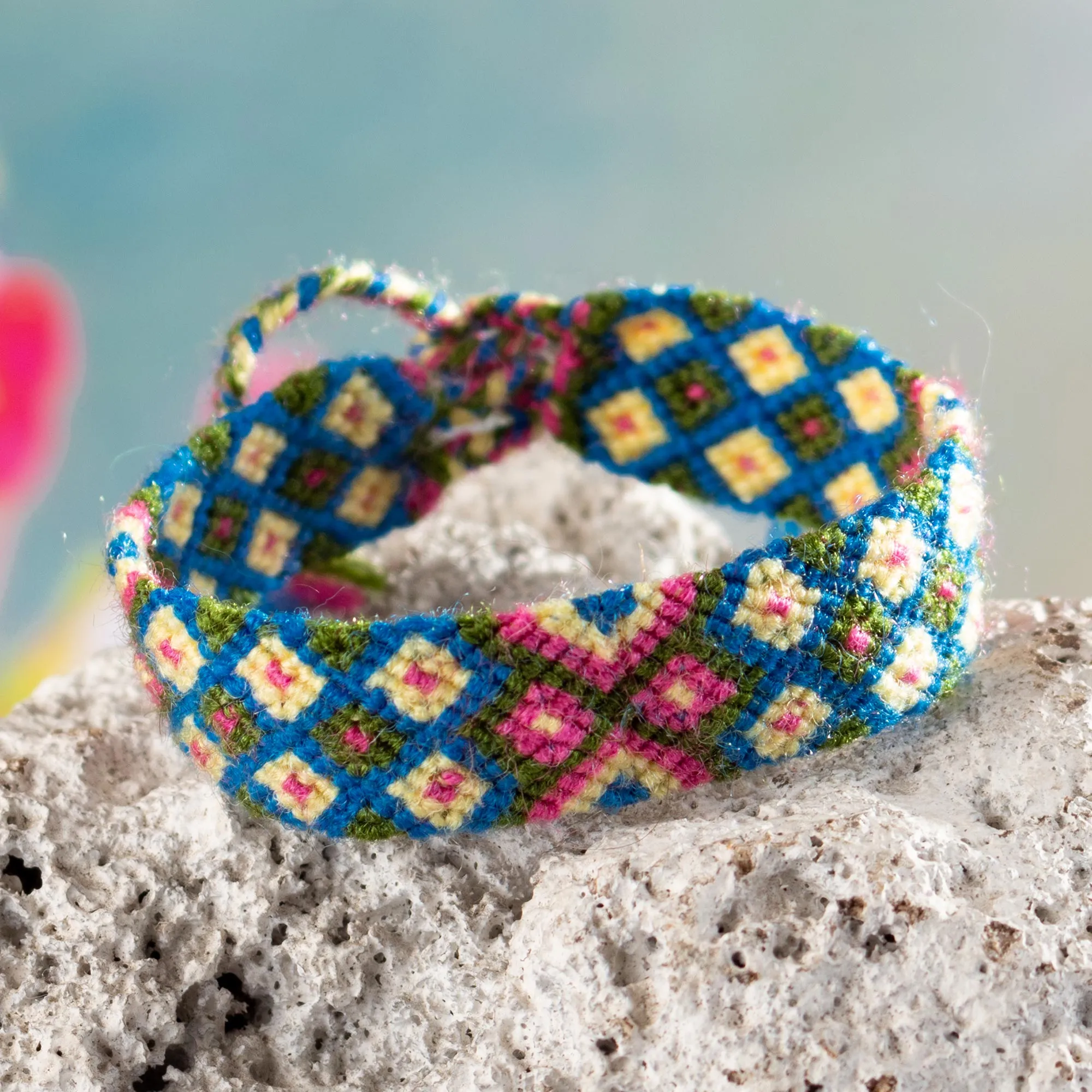 Peruvian Handwoven Wristband Bracelet in Spring Colors - Geometric Mornings | NOVICA