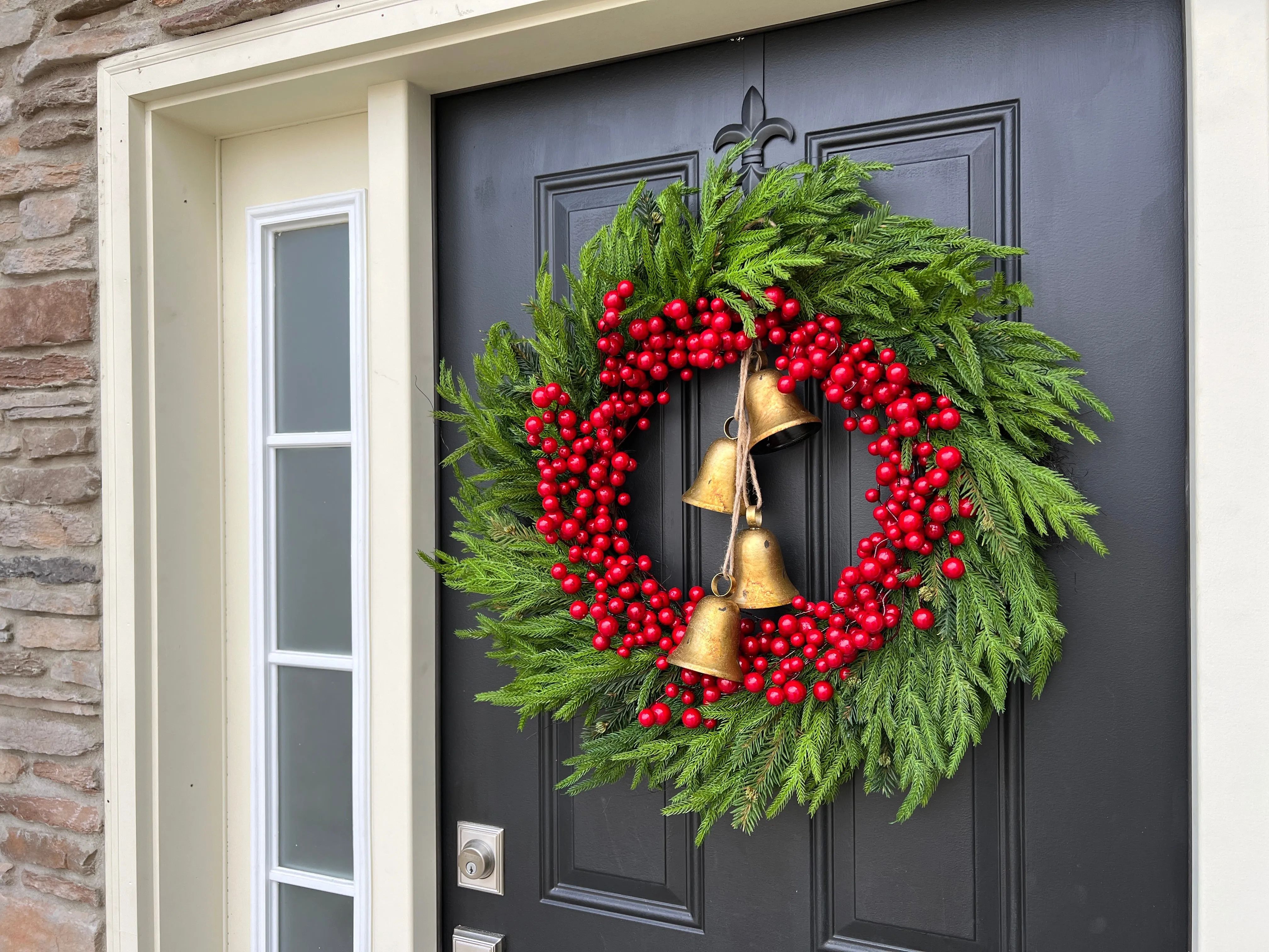 Red Berry & Norfolk Pine Wreath, Christmas Wreath with Gold Bells