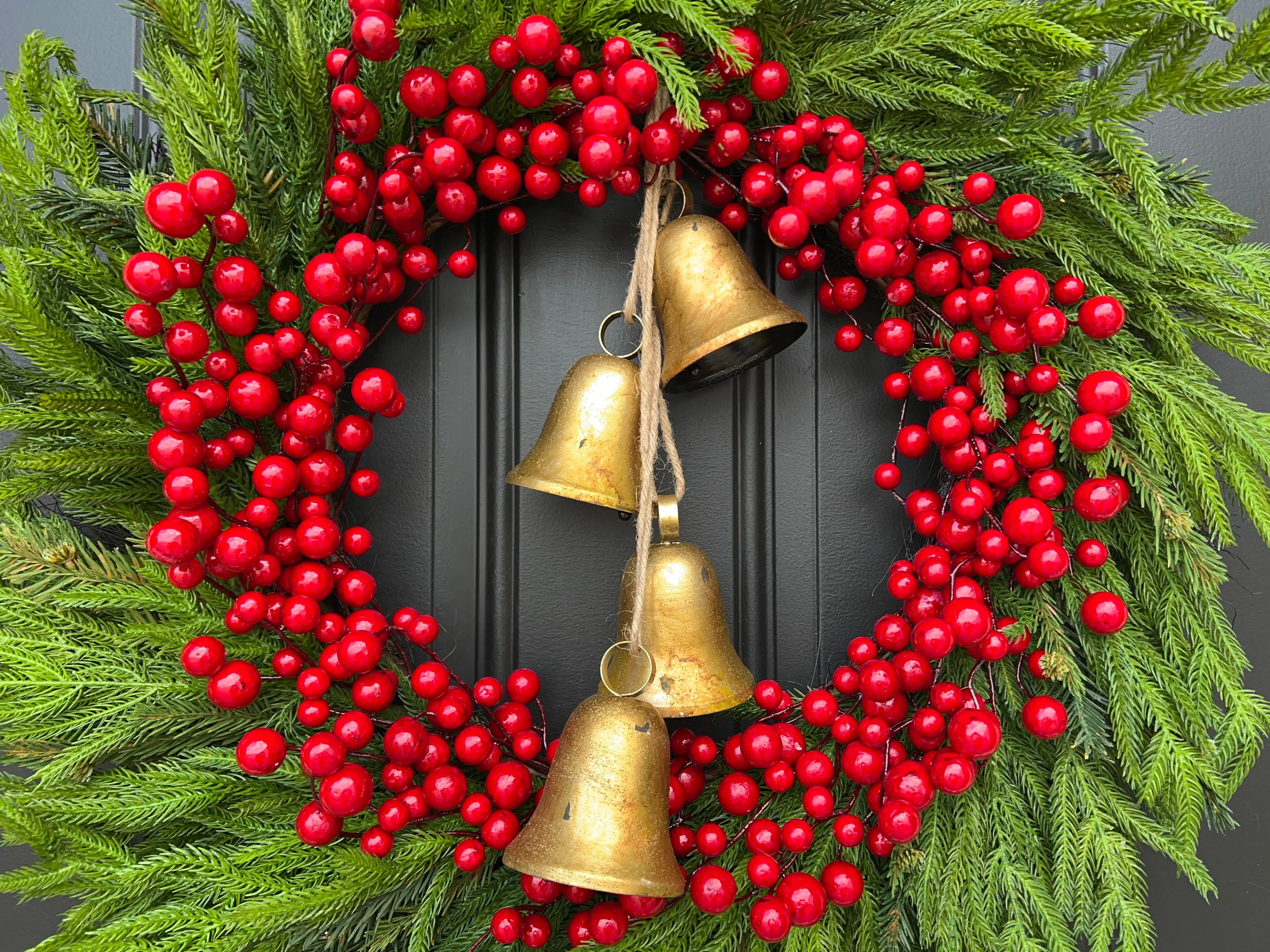 Red Berry & Norfolk Pine Wreath, Christmas Wreath with Gold Bells
