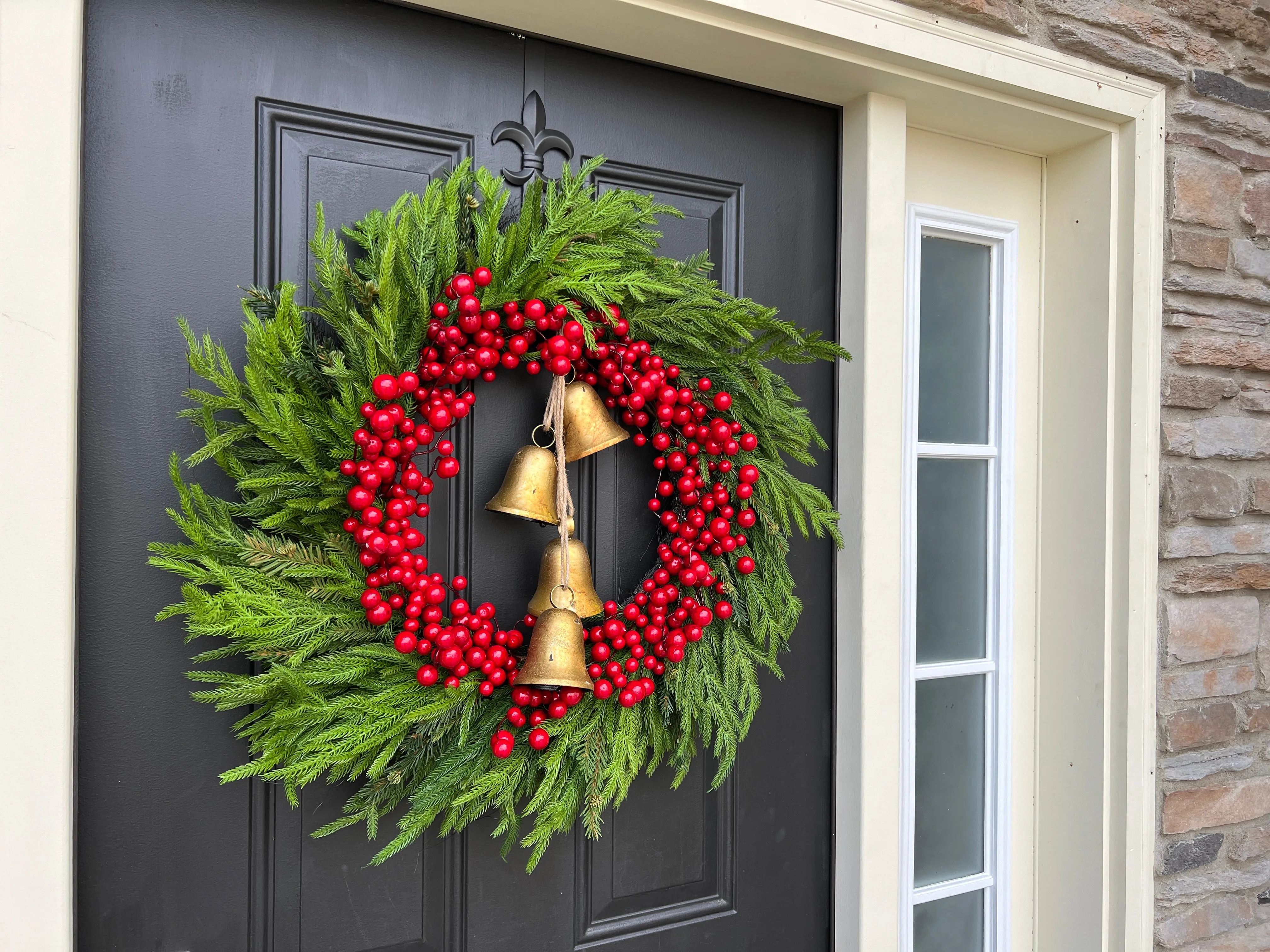 Red Berry & Norfolk Pine Wreath, Christmas Wreath with Gold Bells