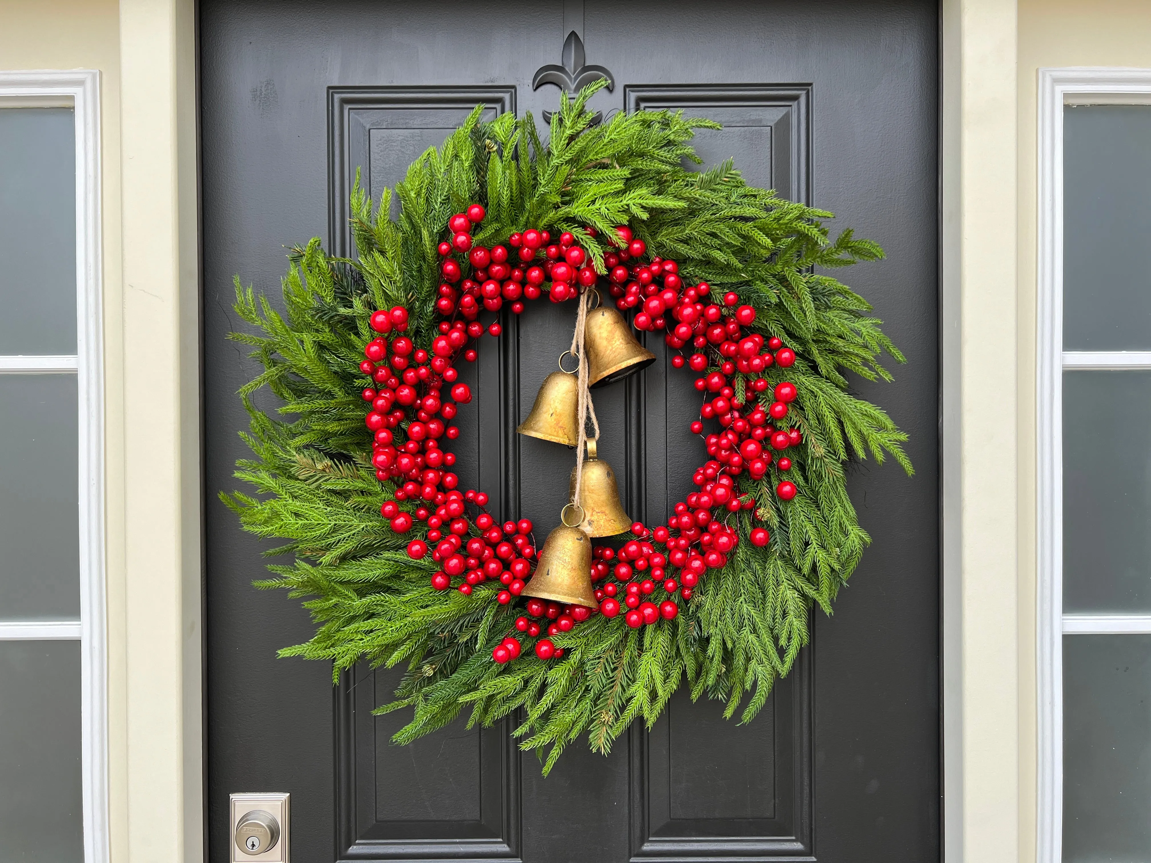 Red Berry & Norfolk Pine Wreath, Christmas Wreath with Gold Bells