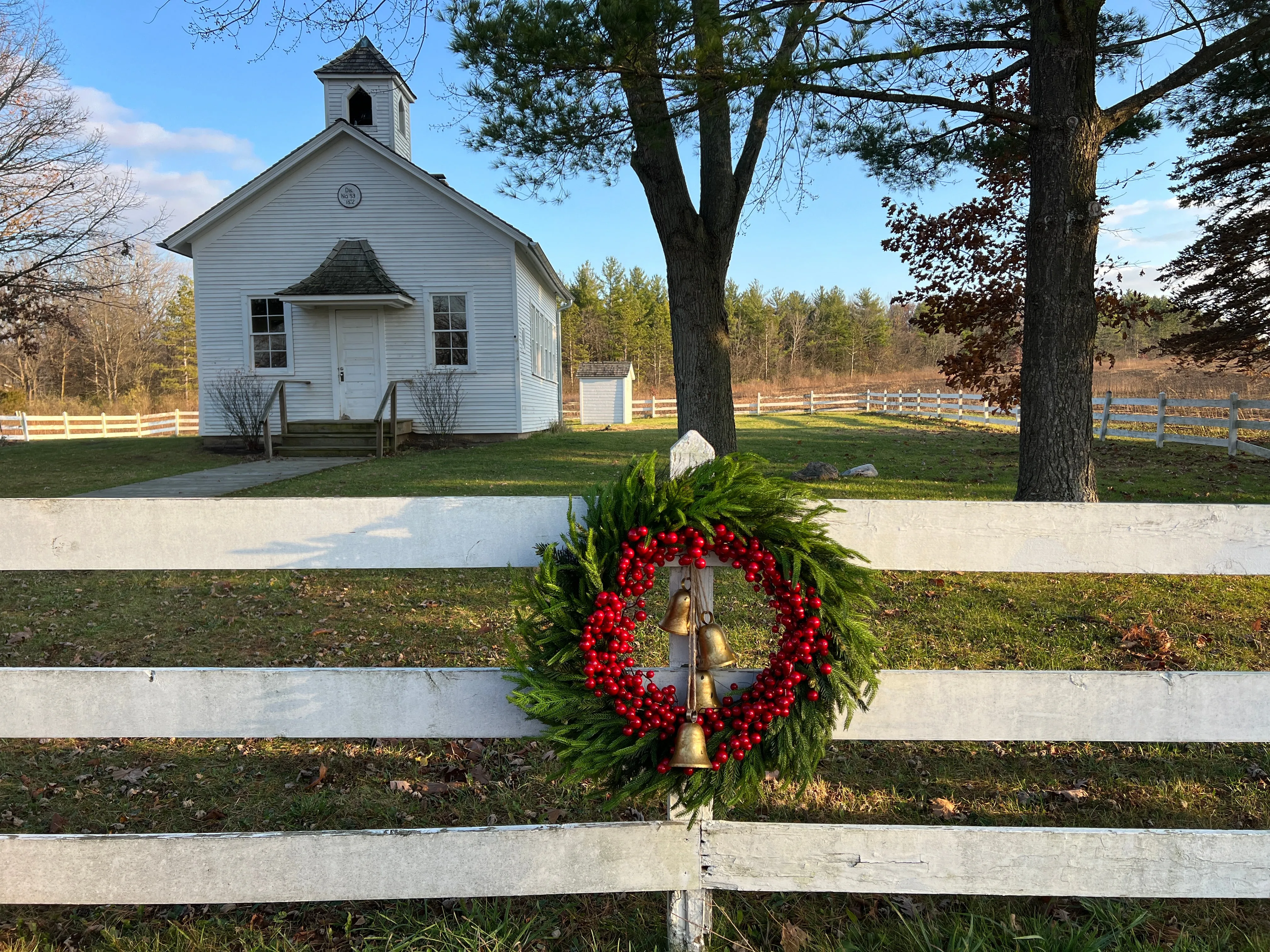 Red Berry & Norfolk Pine Wreath, Christmas Wreath with Gold Bells