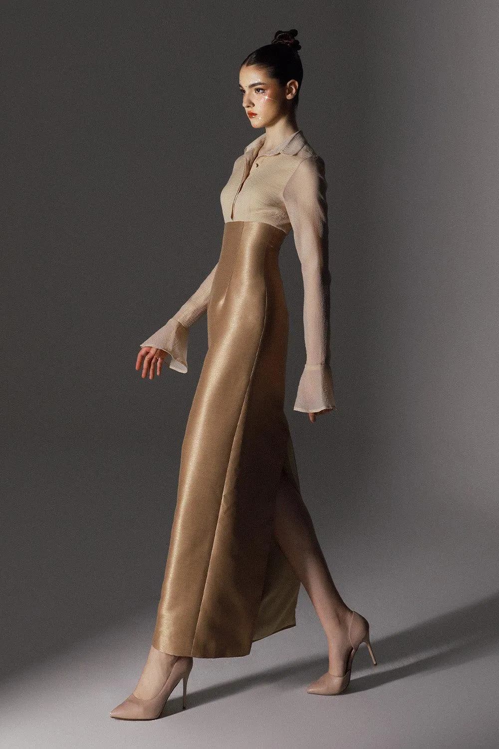 Reign Sheath Poet Sleeved Brocade Silk Ankle Length Dress