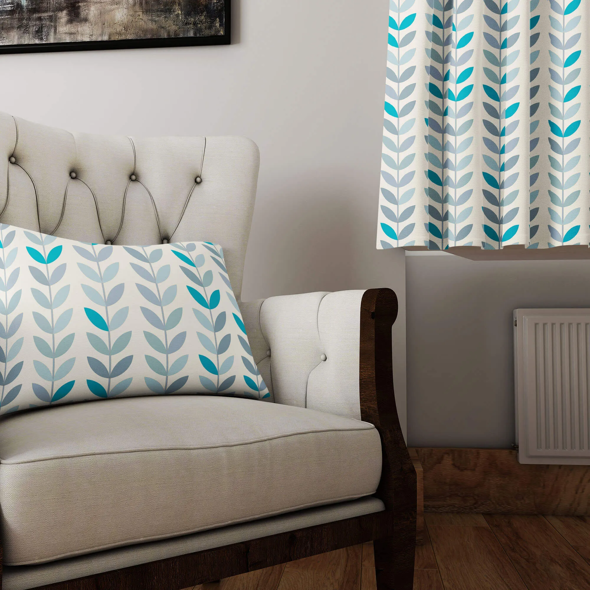 Scandi Stem Cotton Curtain Fabric - Azure
