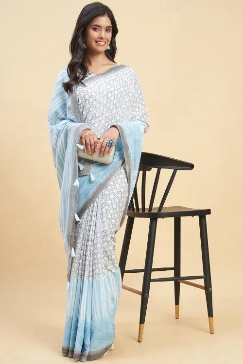 Sooti Syahi "Paradise Sky Blue" Handblock Print Mul Cotton Saree