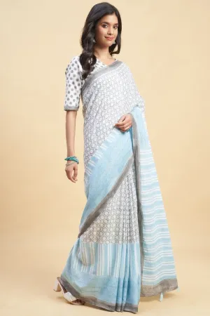 Sooti Syahi "Paradise Sky Blue" Handblock Print Mul Cotton Saree