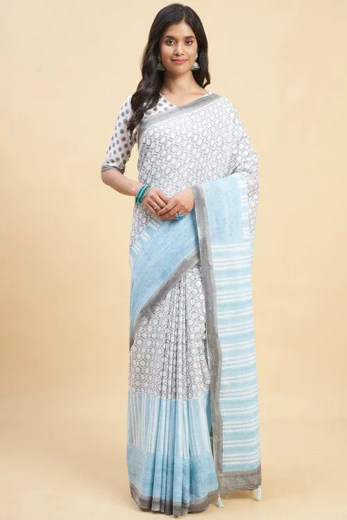 Sooti Syahi "Paradise Sky Blue" Handblock Print Mul Cotton Saree