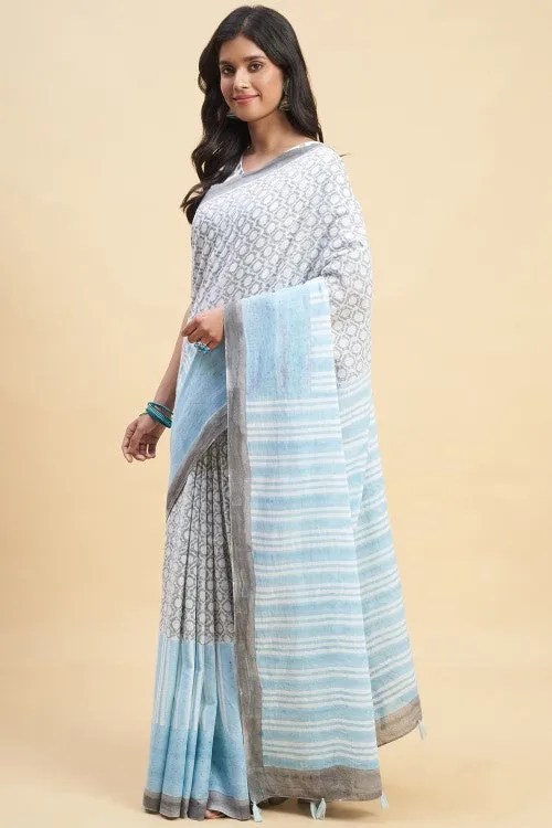 Sooti Syahi "Paradise Sky Blue" Handblock Print Mul Cotton Saree