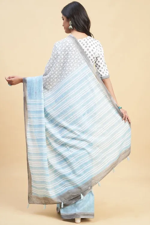 Sooti Syahi "Paradise Sky Blue" Handblock Print Mul Cotton Saree