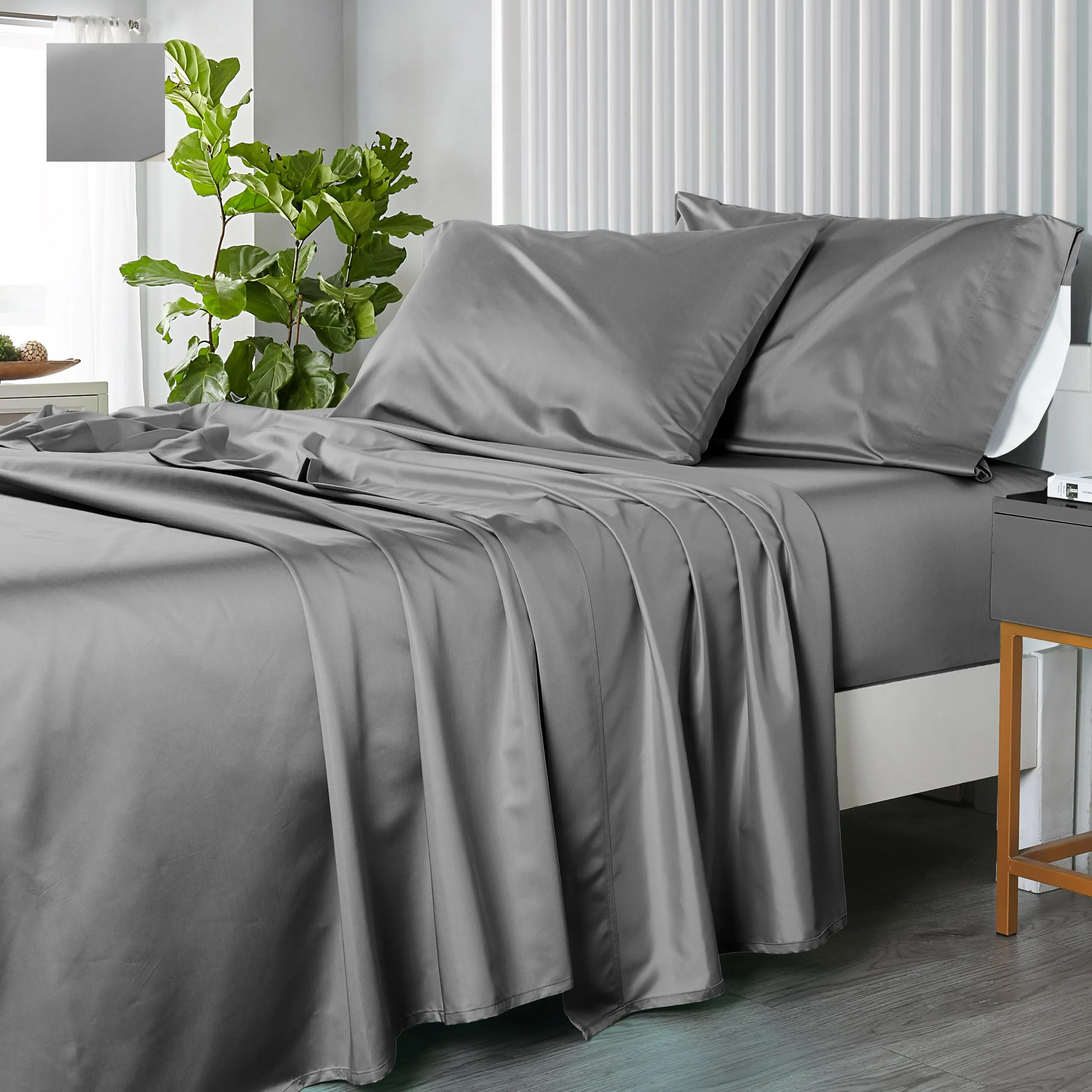 Top-Split-King, Gray : Top-Split-King: Adjustable King Bed sheets, Solid Gray 600-Thread-Count 4PC Bed Sheet Set 100-Percent Cotton, Sateen Solid, Deep Pocket